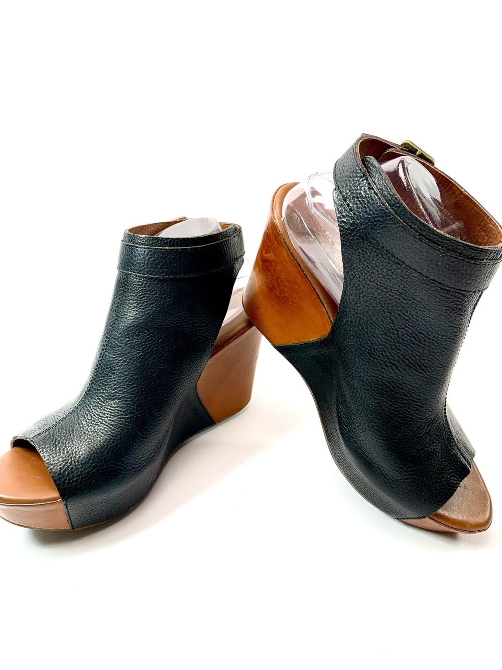 Kork-Ease Womens Boho Black Leather Open Toe Wedge Sandals Ankle Strap Y2K 10M